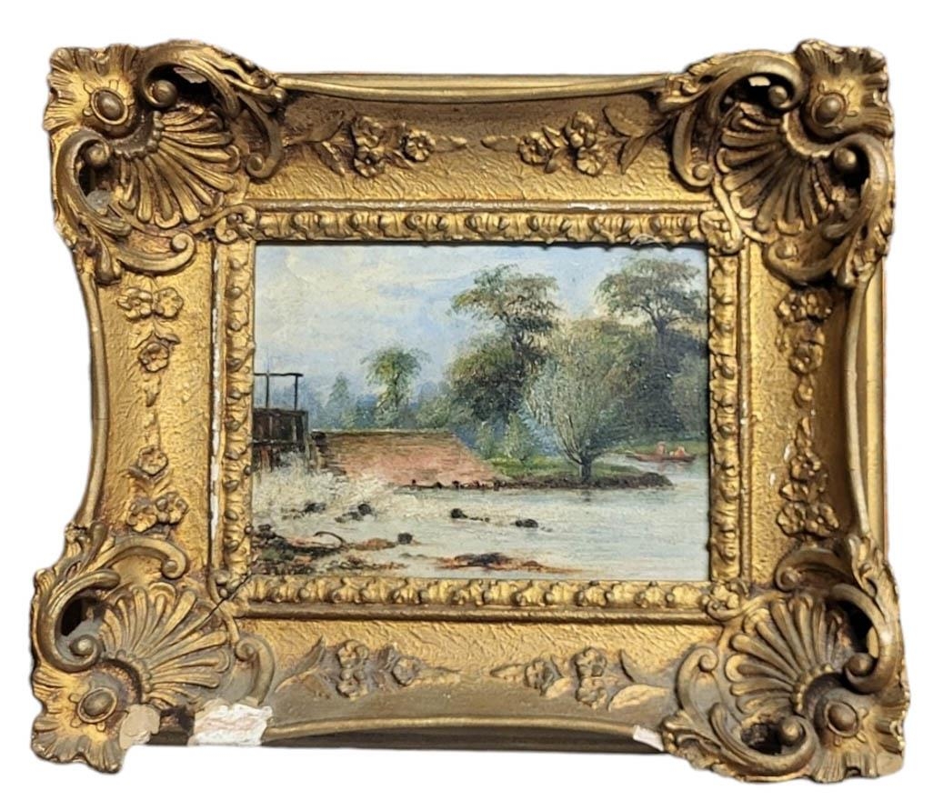 AN EARLY 19TH CENTURY OIL ON BOARD, VIEW OF RIVER AND LOCH Indistinctly signed lower left, gilt