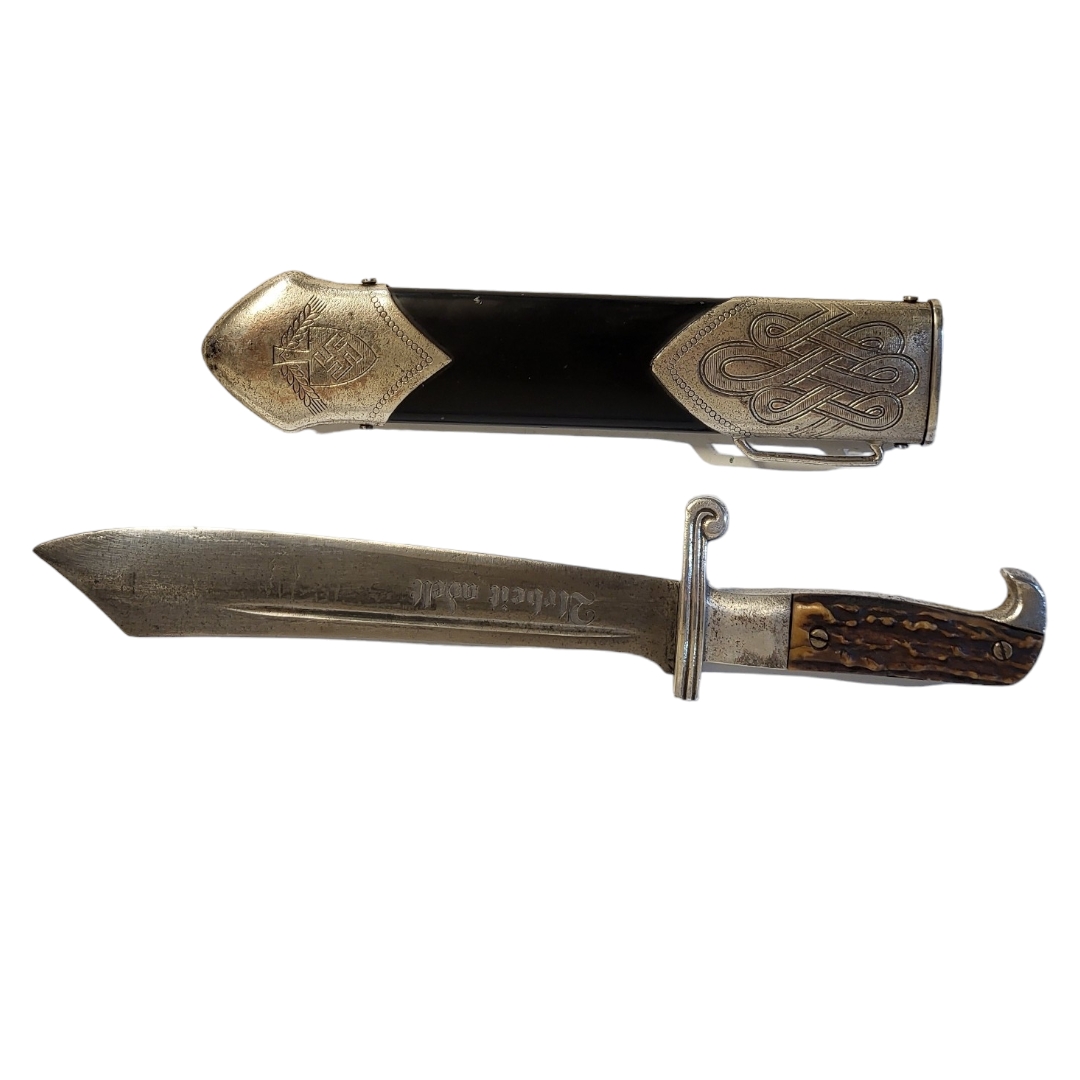 A GERMAN WWII RAD MAN'S DAGGER AND SCABBARD With eagle head horn grip, white metal mounts, by - Image 6 of 9