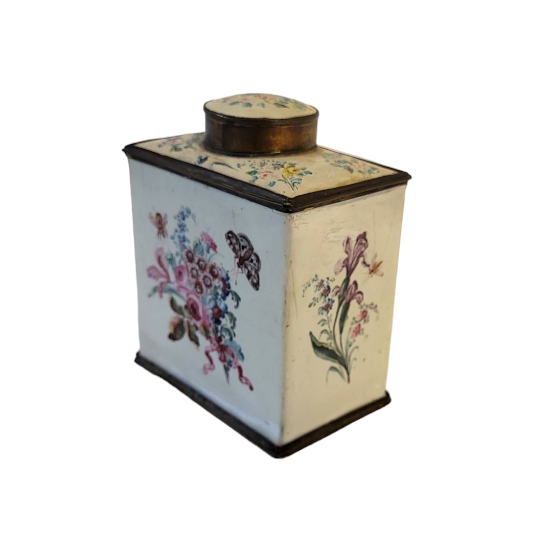 A LATE 18TH/EARLY 19TH CENTURY STAFFORDSHIRE ENAMEL TEA CADDY Rectangular form with hand painted - Image 4 of 11