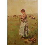 ATT: CHARLES SPRAGUE PEARCE (1851-1914) Oil on canvas of pensive shepherdess in cattle-field.