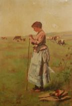 ATT: CHARLES SPRAGUE PEARCE (1851-1914) Oil on canvas of pensive shepherdess in cattle-field.