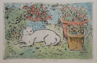 MICHAEL BLAKER, 1928 - 2018, LIMITED EDITION (1/50) LITHOGRAPH Titled ‘White Cat and Flowers’,