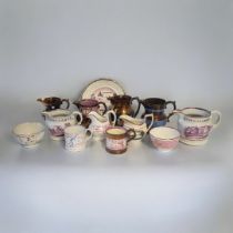 A COLLECTION OF EARLY 19TH CENTURY COPPER LUSTREWARE To include four jugs with landscape scenes, a