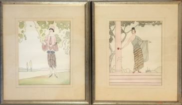 A PAIR OF ART DECO PERIOD CONTINENTAL FASHION LADIES' WATERCOLOURS Both depicting an elegant young