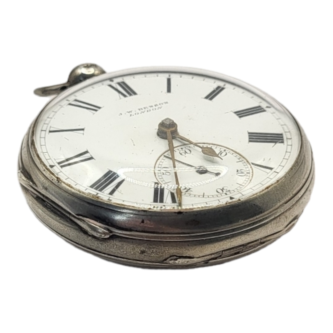 J.W. BENSON, VICTORIAN SILVER GENT’S POCKET WATCH Open face with mechanical key wound movement, - Bild 2 aus 4