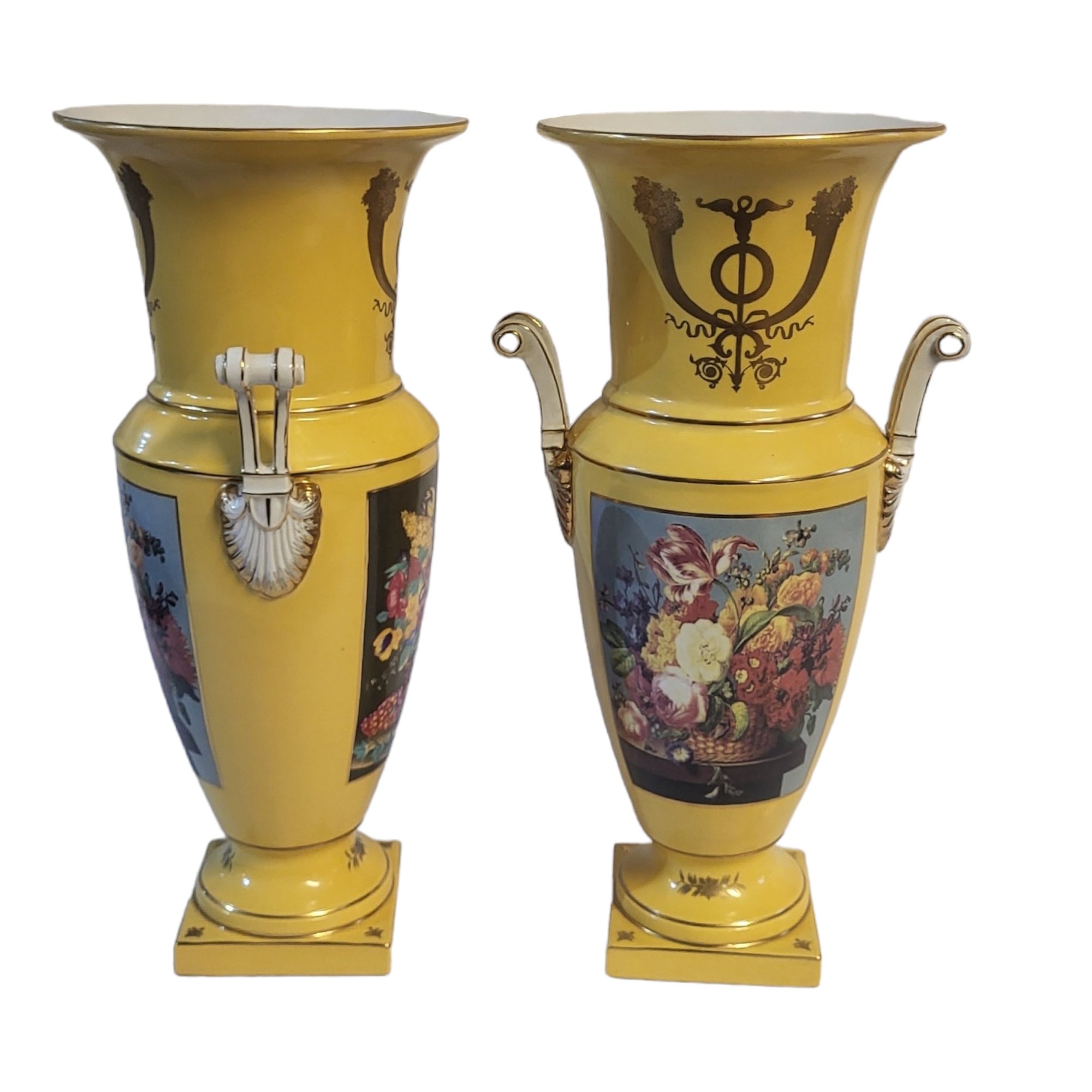 A PAIR OF YELLOW SEVRÈS STYLE CERAMIC VASES Gilt edging and panels with floral imagery on a tapering - Image 2 of 4