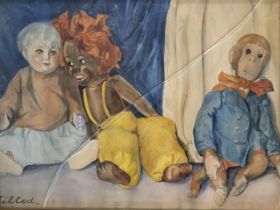 A MID 20TH CENTURY WATERCOLOUR, a group of bisque headed character bebe dolls and two soft toys,