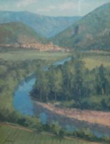 JULIAN HALSBY, ENGLISH, B. 1948, OIL ON BOARD Titled ‘The Ord Valley Towards Roquebrun’, signed