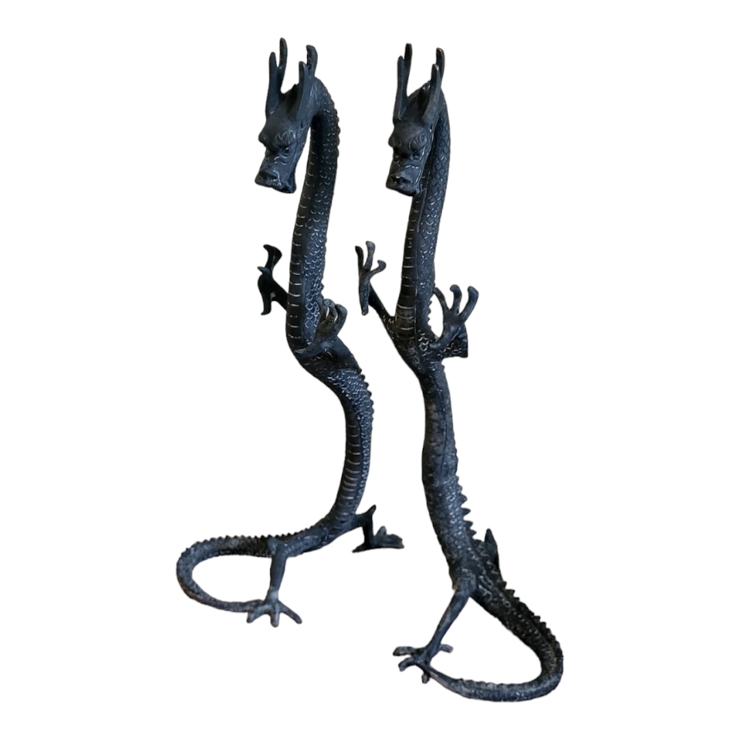 A PAIR OF ORIENTAL STYLE BRONZE STANDING DRAGONS With the curled tail as support. (19cm x 20cm x - Image 2 of 3