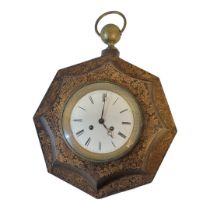 A VICTORIAN TOLEWARE OCTAGONAL DECORATED WALL HANGING CLOCK With white enamelled dial, chiming