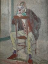 AN EARLY 20TH CENTURY ENGLISH SCHOOL OIL ON BOARD, SEATED CLOWN WITH CLASSIC MAKEUP AND COSTUME