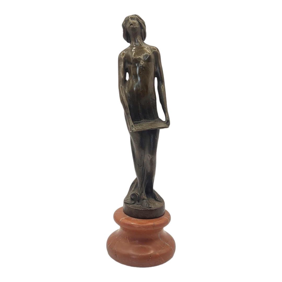 AN ART DECO STYLE BRONZE FIGURE FORMED AS A NUDE LADY HOLDING A MUSIC SHEET On rouge marble - Image 3 of 4
