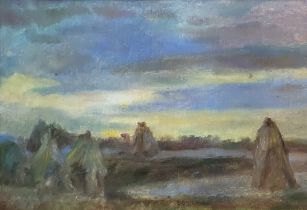 M.J. VAN BESIEN, A CONTINENTAL SCHOOL OIL ON CANVAS, CIRCA 1920 Heystack in countryside at sunset,