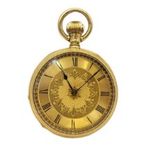 AN EARLY 20TH CENTURY 18CT GOLD POCKET WATCH Open face gold tone dial with engraved decoration to