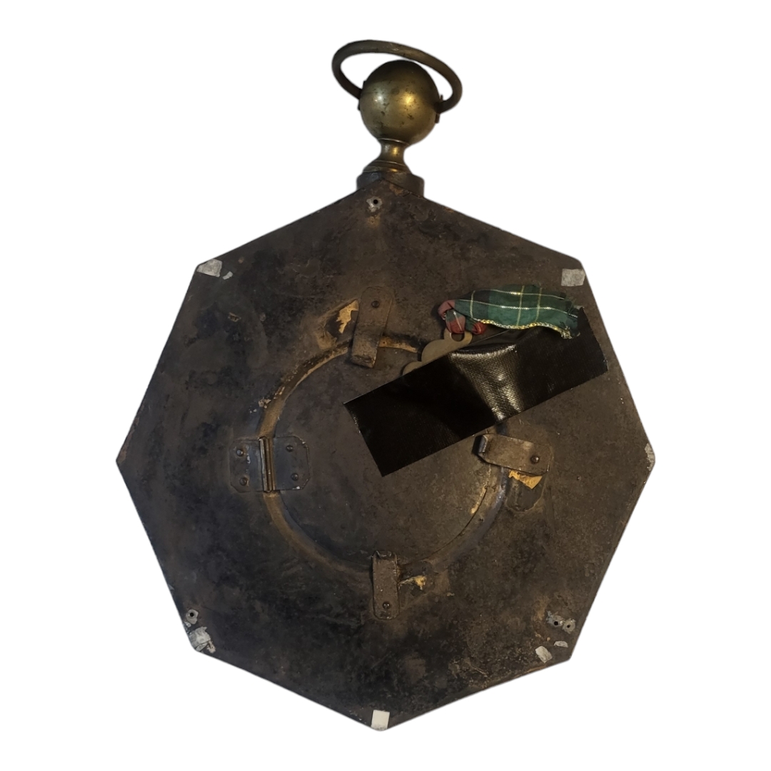 A VICTORIAN TOLEWARE OCTAGONAL DECORATED WALL HANGING CLOCK With white enamelled dial, chiming - Image 2 of 2