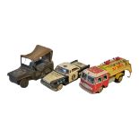A MID CENTURY TINPLATE FRICTION POWERED MODEL VEHICLES A Chinese oil tanker and Japanese highway