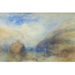 FOLLOWER OF J.M.W. TURNER, WATERCOLOUR Atmospheric misty Swiss inspired landscape view, Circa 1900 -