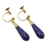 A PAIR OF EARLY 20TH CENTURY 9CT GOLD AND LAPIS LAZULI EARRINGS Tear drop form with screw backs,