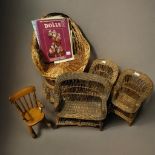 A MIXED COLLECTION OF CHILD'S DOLLS, FURNITURE AND TEDDY BEARS Consisting of a pair of wicker