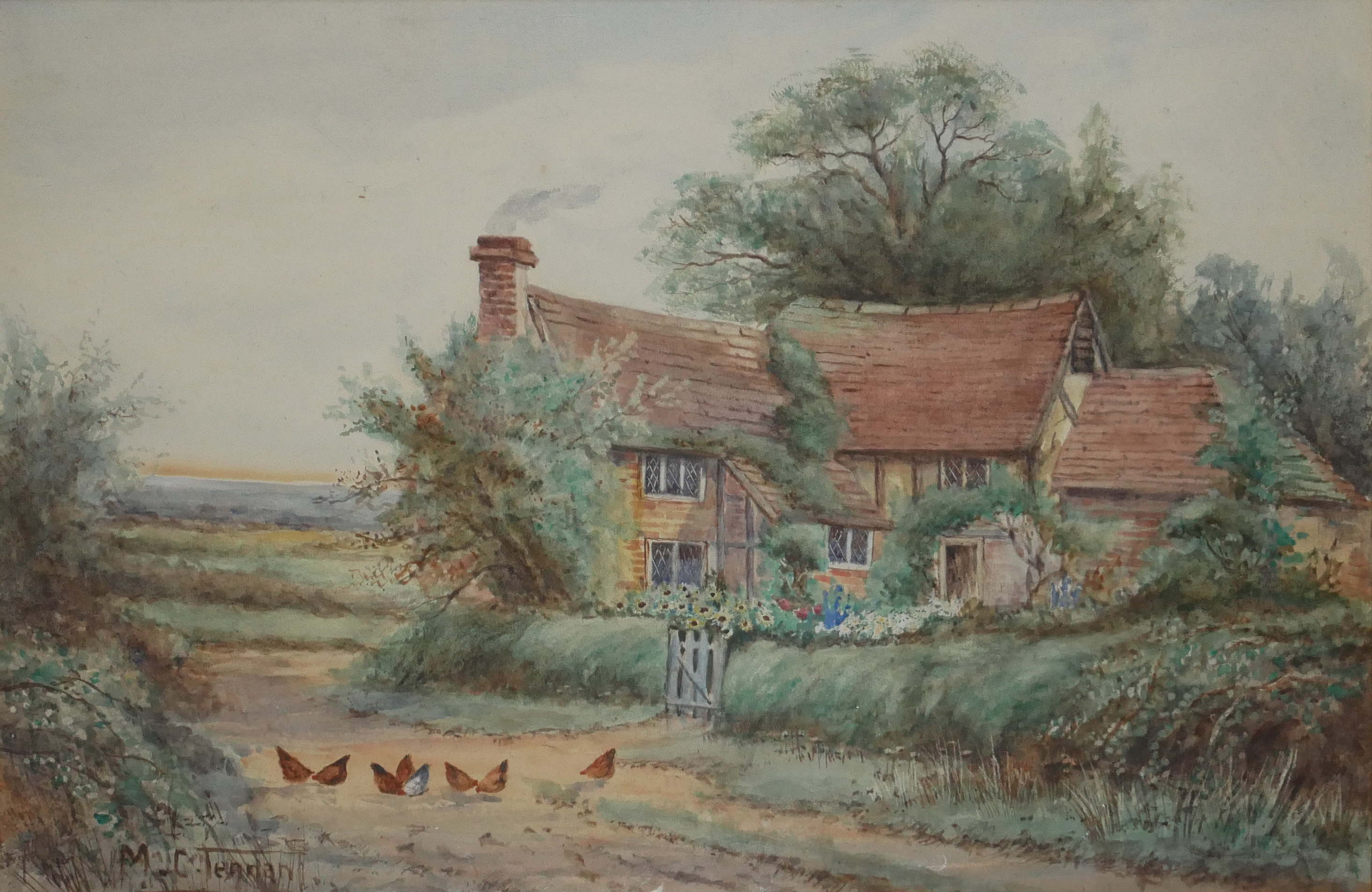 TWO VICTORIAN WATERCOLOURS, LANDSCAPES, THATCHED COTTAGE With figure and floral garden, signed lower - Image 2 of 7