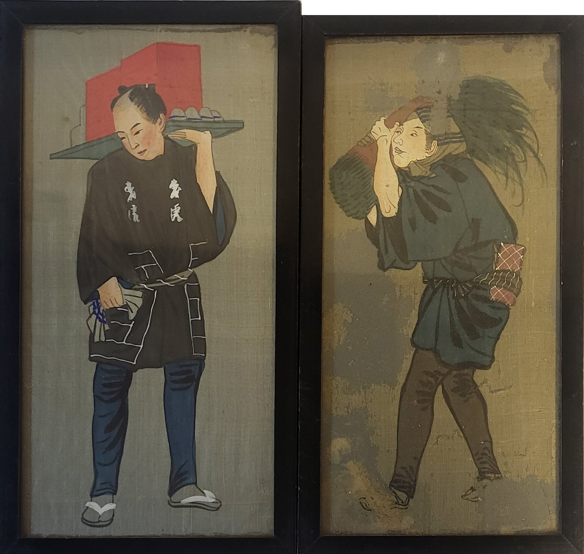 A PAIR OF FINE JAPANESE MEIJI PERIOD WATERCOLOURS ON SILK, RICE FARMERS IN PROVINCIAL DRESS