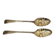 A PAIR OF GEORGIAN SILVER BERRY SPOONS Having fine engraved decoration and embossed fruit to bowl,