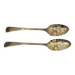 A PAIR OF GEORGIAN SILVER BERRY SPOONS Having fine engraved decoration and embossed fruit to bowl,