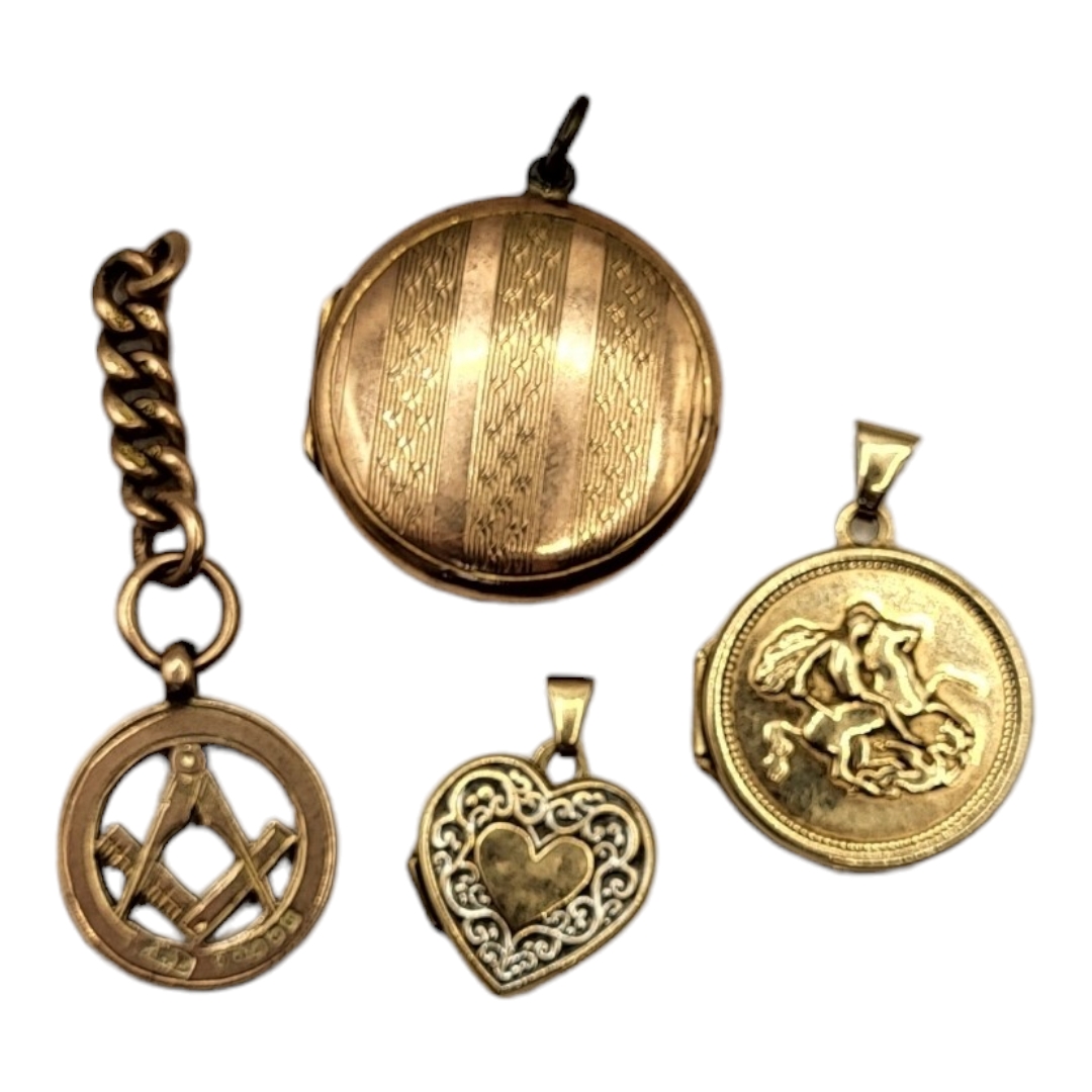 A COLLECTION OF EARLY 20TH CENTURY 9CT GOLD PENDANT LOCKETS To include a King George and dragon