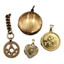 A COLLECTION OF EARLY 20TH CENTURY 9CT GOLD PENDANT LOCKETS To include a King George and dragon