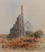 DAVID RUST, BRITISH, B. 1963, WATERCOLOUR Titled ‘Derelict Mine Stacks/Morning Mists’, signed