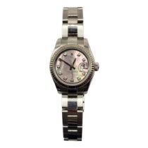 ROLEX, DATEJUST, A STAINLESS STEEL, DIAMOND AND MOTHER OF PEARL LADIES’ WRISTWATCH Having a calendar