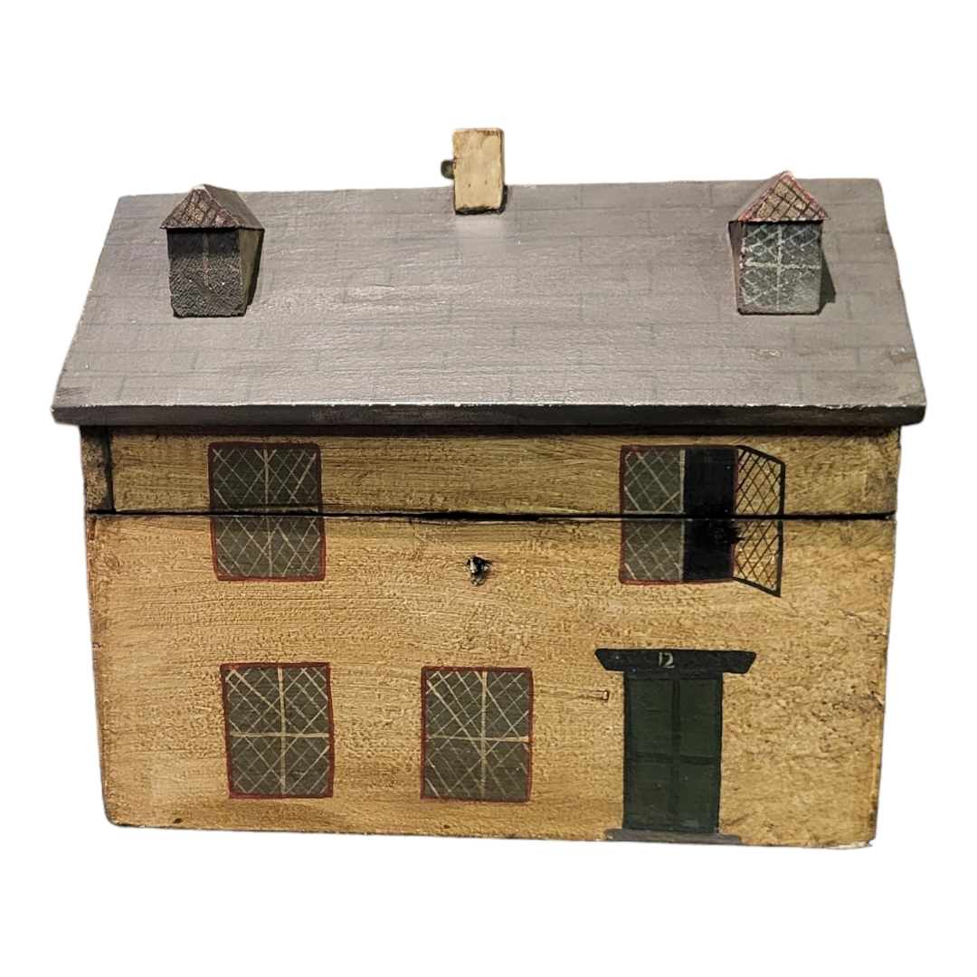 A WOODEN MODEL HOUSE TEA CADDY In the design of a 19th Century English cottage with painted floral - Image 2 of 3