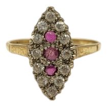 AN EARLY 20TH CENTURY 9CT GOLD, RUBY AND DIAMOND RING Three round cut rubies edged with diamonds
