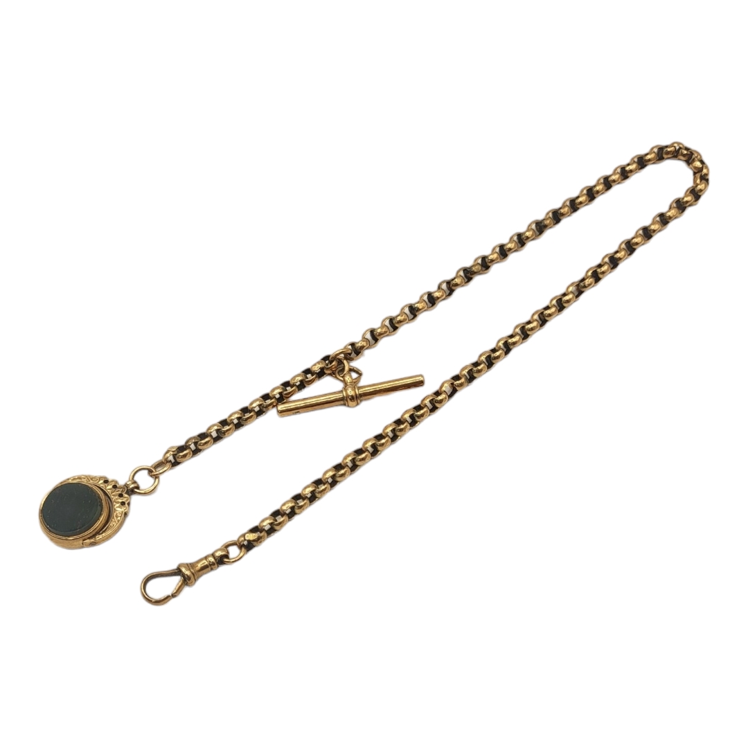 A VICTORIAN 9CT GOLD ALBERT WATCH CHAIN Having box links with T bar and hardstone swivel fob, in a - Image 2 of 2