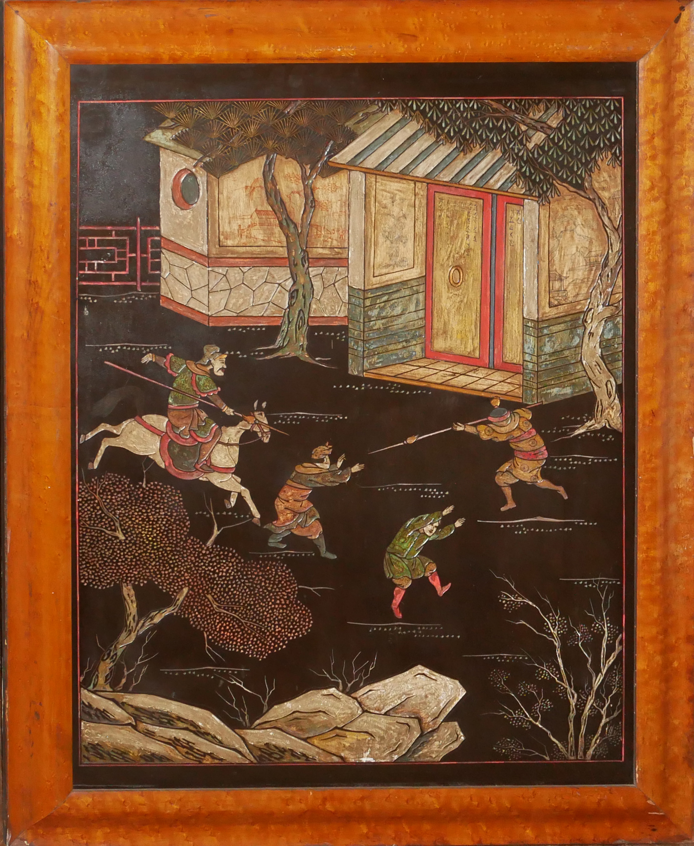 A PAIR OF 19TH CENTURY JAPANESE ENGRAVED AND LACQUERED PANELS Housed in maple frames. (67cm x 82cm - Image 4 of 9