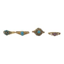 A COLLECTION OF THREE VICTORIAN 9CT GOLD AND TURQUOISE RINGS To include a cabochon cut turquoise