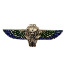 AN EGYPTIAN REVIVAL STYLE STERLING SILVER AND ENAMEL PHARAOH’S HEAD BROOCH Impressed mark to