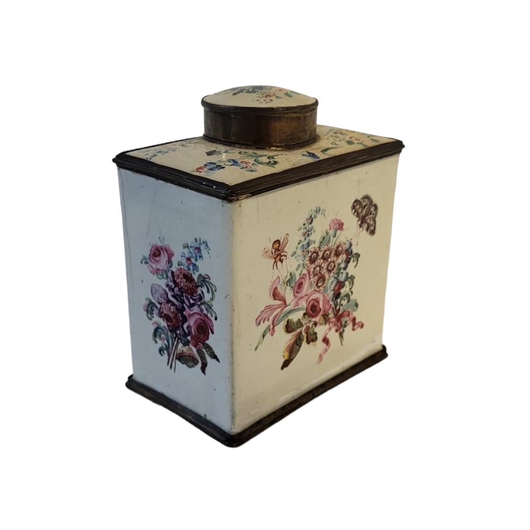 A LATE 18TH/EARLY 19TH CENTURY STAFFORDSHIRE ENAMEL TEA CADDY Rectangular form with hand painted - Image 2 of 11