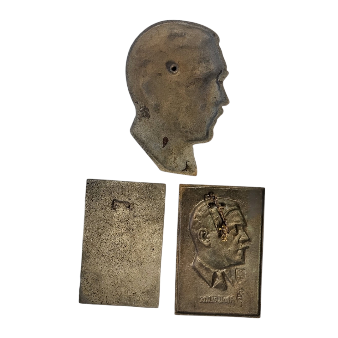 ADOLF HITLER, A WWII GERMAN STEEL PORTRAIT PLAQUE Profile form with screw mount, together with a - Image 2 of 2