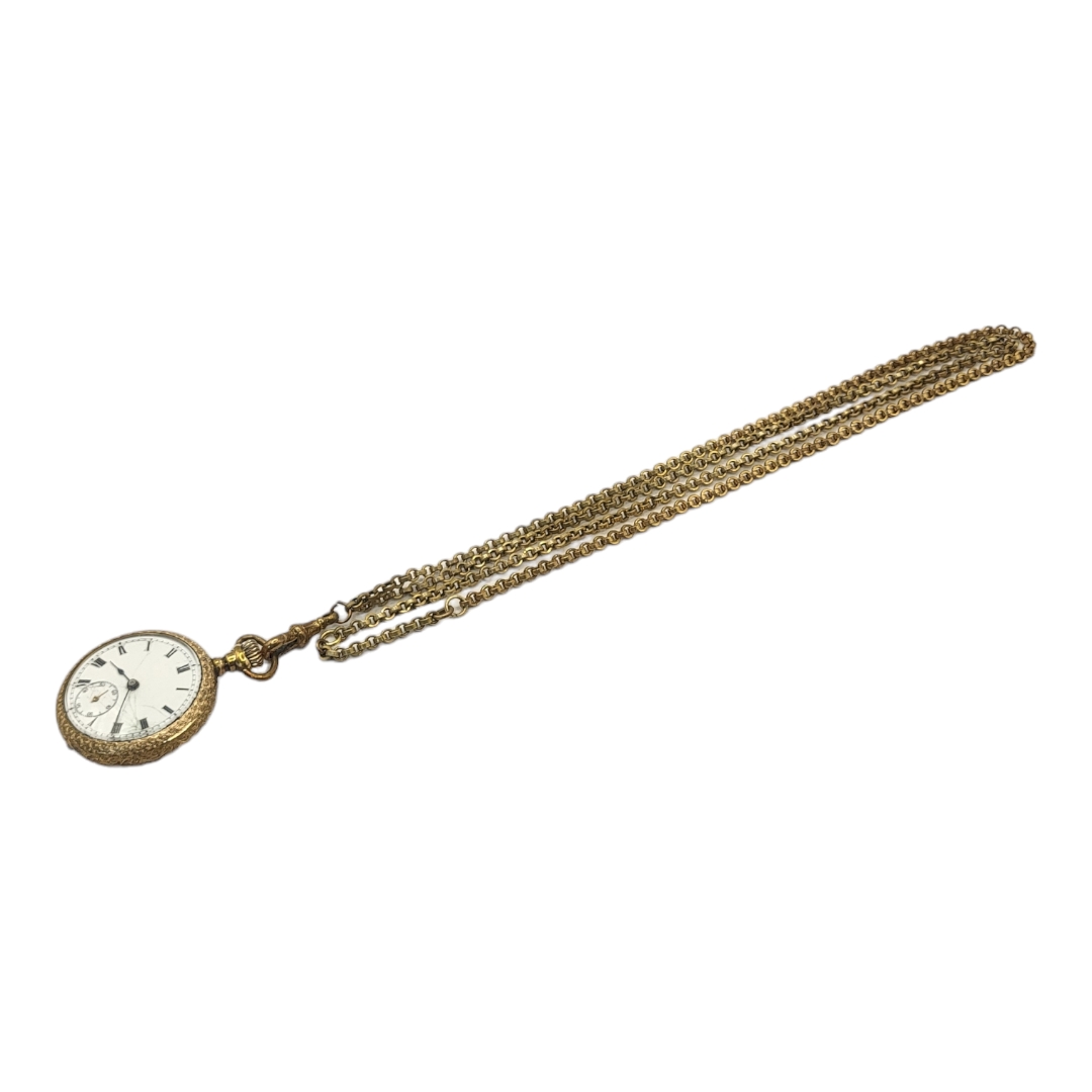 AN EARLY 20TH CENTURY GOLD PLATED LADIES’ POCKET WATCH AND GUARD CHAIN Open face with engraved - Image 2 of 3