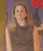 UNKNOWN ARTIST (XX), HALF LENGTH PORTRAIT Lady with red flower in vase, signed 'Vera, XII. 1968’, in