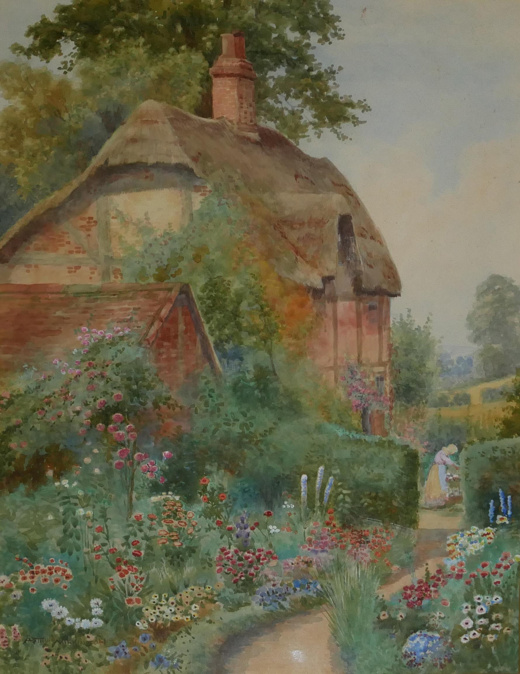 TWO VICTORIAN WATERCOLOURS, LANDSCAPES, THATCHED COTTAGE With figure and floral garden, signed lower - Image 5 of 7