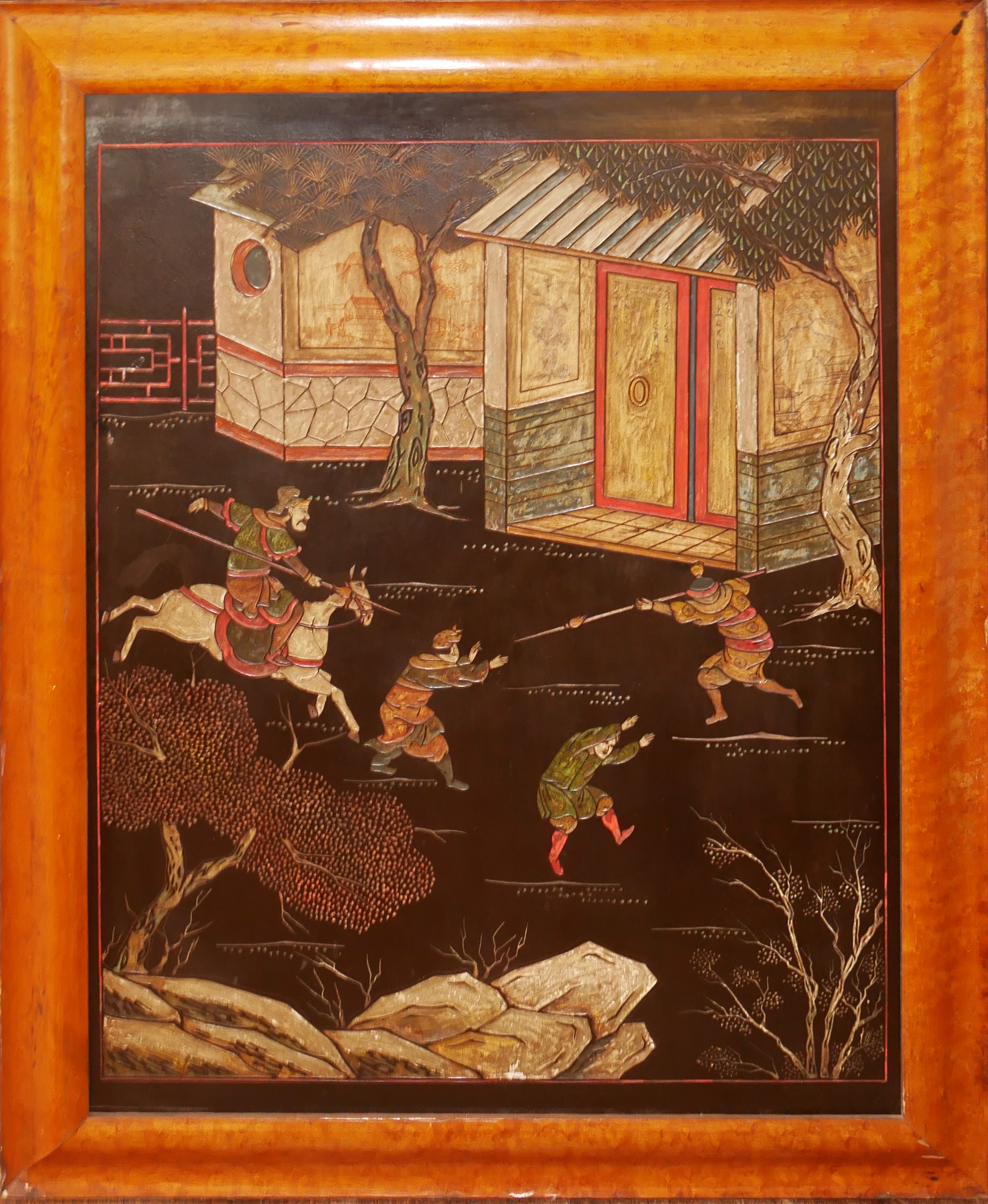 A PAIR OF 19TH CENTURY JAPANESE ENGRAVED AND LACQUERED PANELS Housed in maple frames. (67cm x 82cm - Image 2 of 9