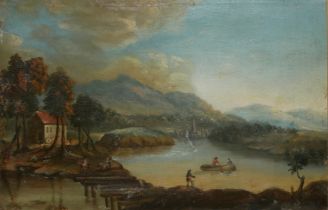 UNKNOWN ARTIST (XX), 19TH CENTURY OIL ON CANVAS Lake scene, framed. (59cm x 42cm frame/52cm x 34.5cm