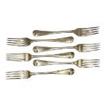 A SET OF SIX GEORGIAN SILVER DINNER FORKS Plain form, hallmarked William Eley and William Fearn,