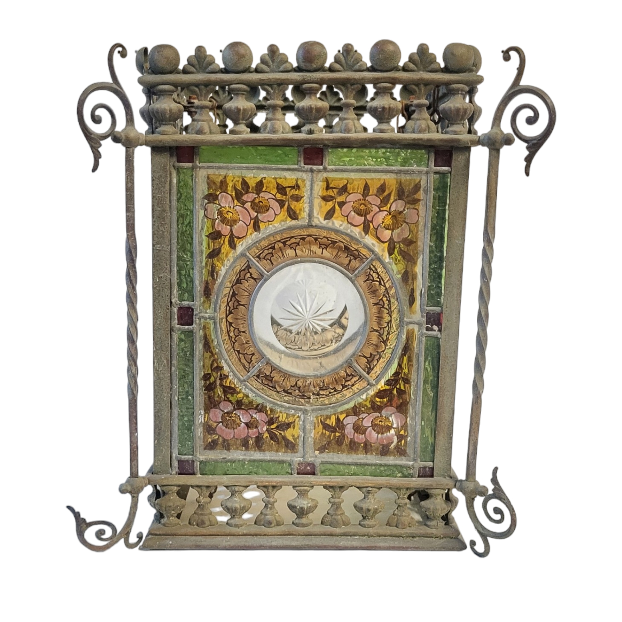 A VICTORIAN AESTHETIC MOVEMENT STAINED GLASS AND METAL LANTERN Four coloured glass panels within a - Image 4 of 4