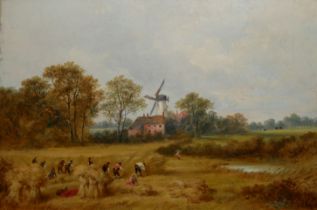 A VICTORIAN OIL ON BOARD, LANDSCAPE, HAYMAKERS WITH WINDMILL Indistinctly signed lower left, in a