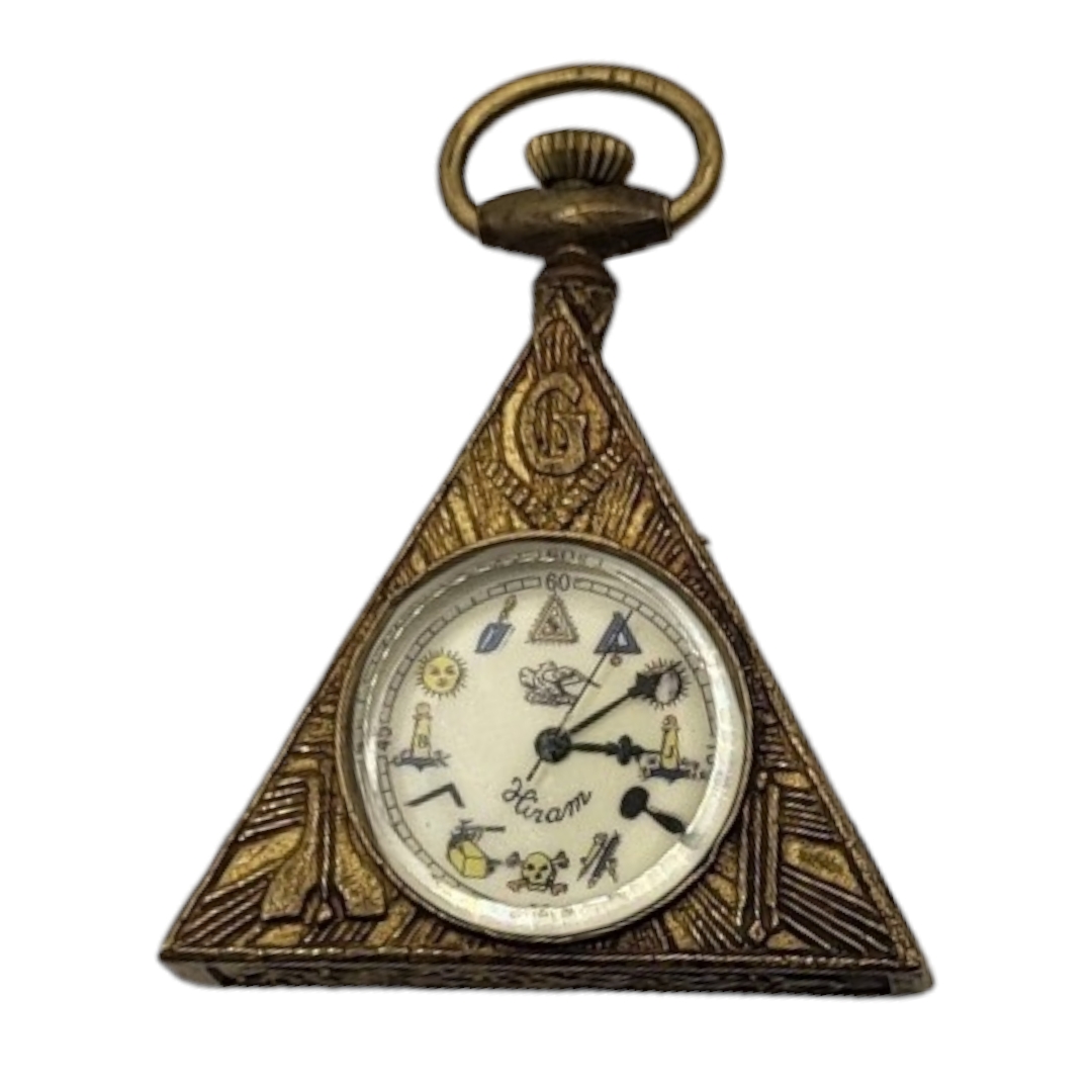 A SILVER PLATE CERVINE MASONIC TRIANGULAR POCKET WATCH Freemason iconography markers on dial with - Image 2 of 3