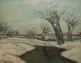 UNKNOWN ARTIST (XX), A MID 20TH CENTURY ENGLISH SCHOOL OIL PAINTING Snow scene, indistinctly