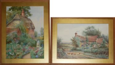 TWO VICTORIAN WATERCOLOURS, LANDSCAPES, THATCHED COTTAGE With figure and floral garden, signed lower